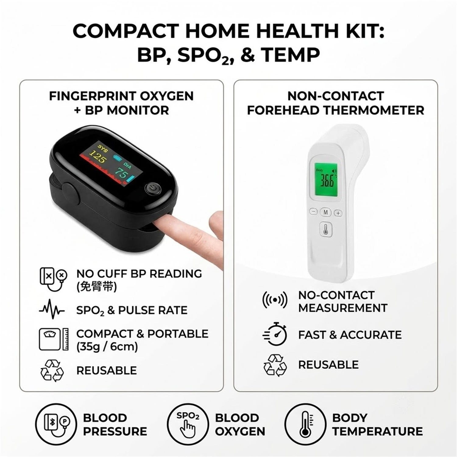 Pulse Oximeter - Lichaamstemperatuurmeter met infraroodtechnologie, contactloze koortsmeter, of